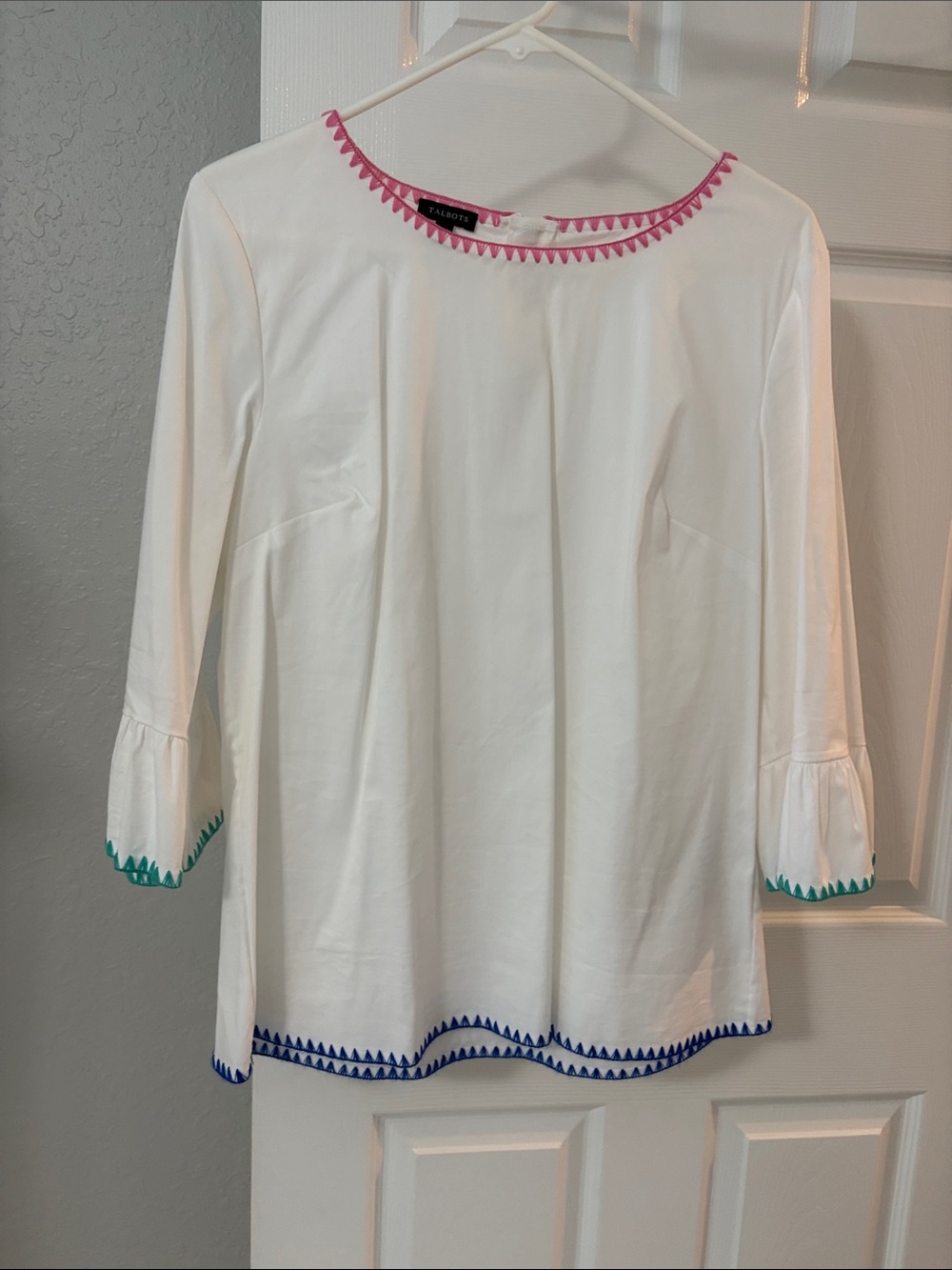 Talbots White Long-Sleeve Boatneck Top with Pink, Teal & Blue Trim